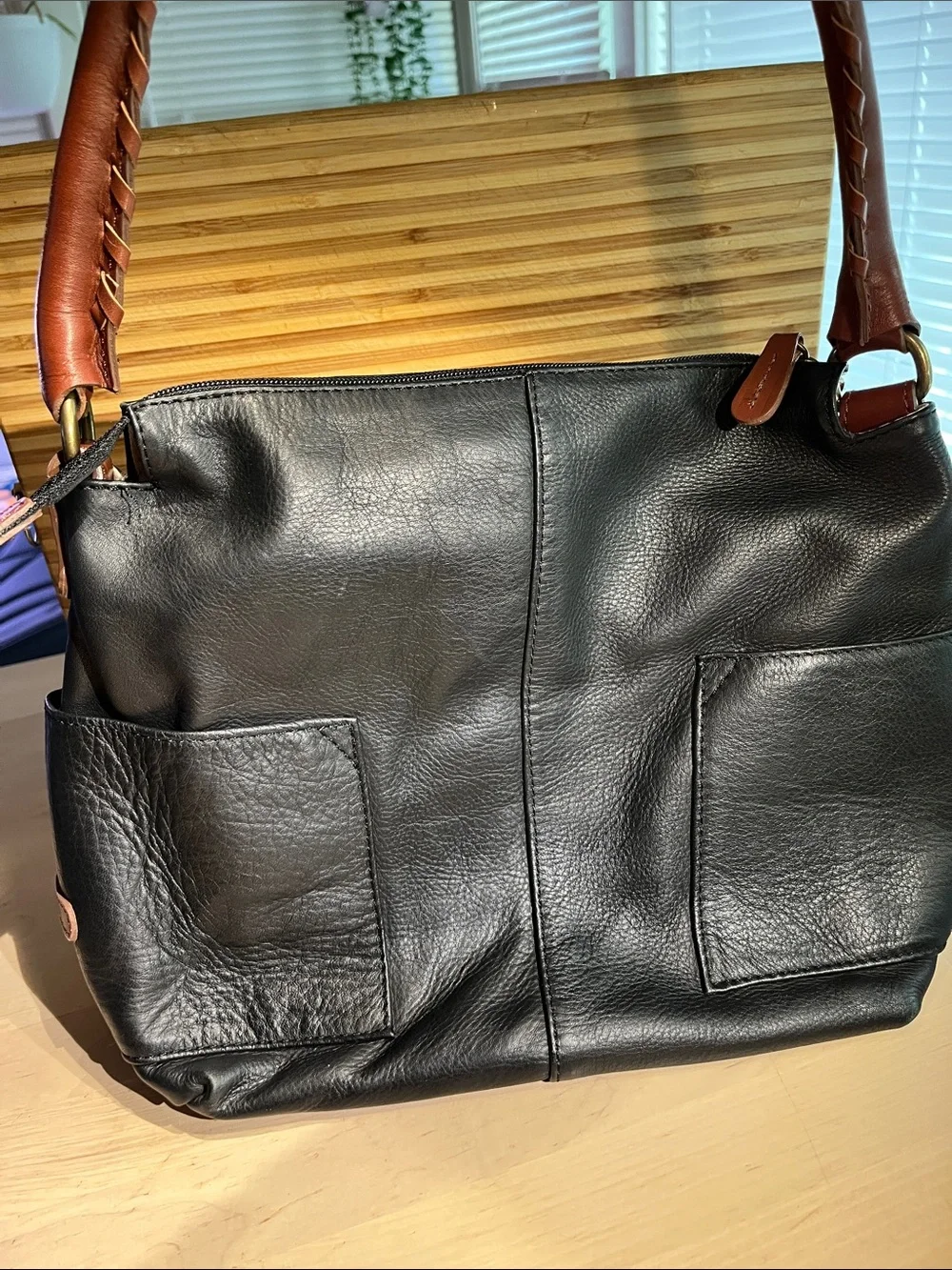 Sundance Black/Chestnut Brown Leather Accent with Cream Interior hobo bag